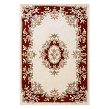Royal Traditional Floral Aubusson Medallion Border French-Style Hand-Carved Hi-Low Textured Soft Durable Wool Cream/Red Rug-Melrose-Rug Love - The Most Loved Rug Store